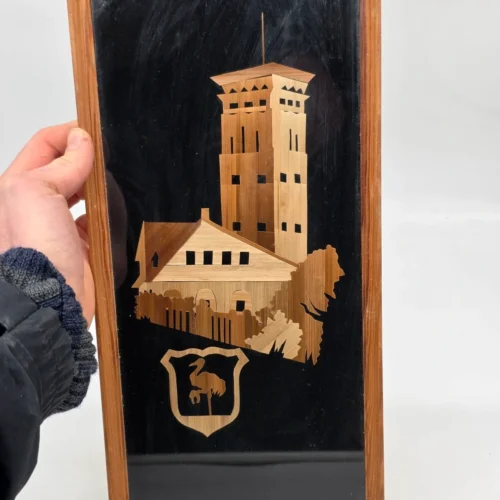 Obraz intarsja wieża ratusz herb bocian vintage ręczna praca 19x42