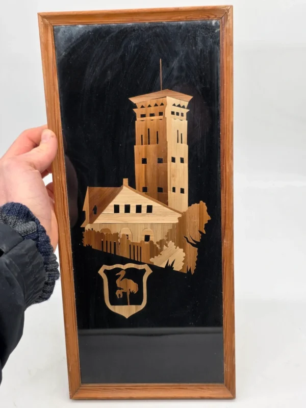 Obraz intarsja wieża ratusz herb bocian vintage ręczna praca 19x42