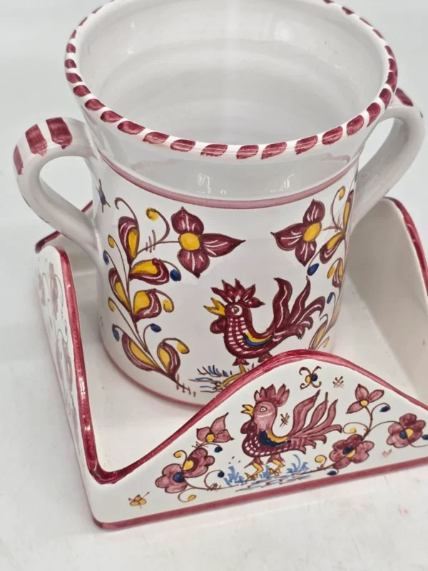 Włoski zestaw ceramiczny pojemnik z podstawką ręcznie malowany kogut