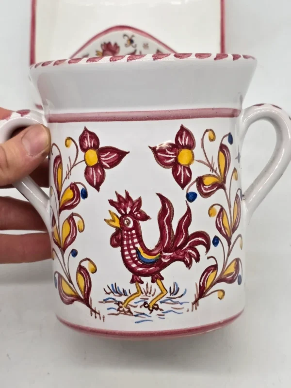 Włoski zestaw ceramiczny pojemnik z podstawką ręcznie malowany kogut