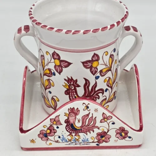 Włoski zestaw ceramiczny pojemnik z podstawką ręcznie malowany kogut