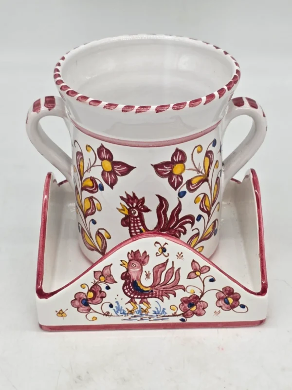 Włoski zestaw ceramiczny pojemnik z podstawką ręcznie malowany kogut