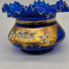 Wazon patera szkło kobaltowe Bohemia złocenia wysoka emalia kwiaty 20 cm