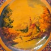 Talerz drewniany ozdobny ręcznie malowany pejzaż folk art vintage 24 cm