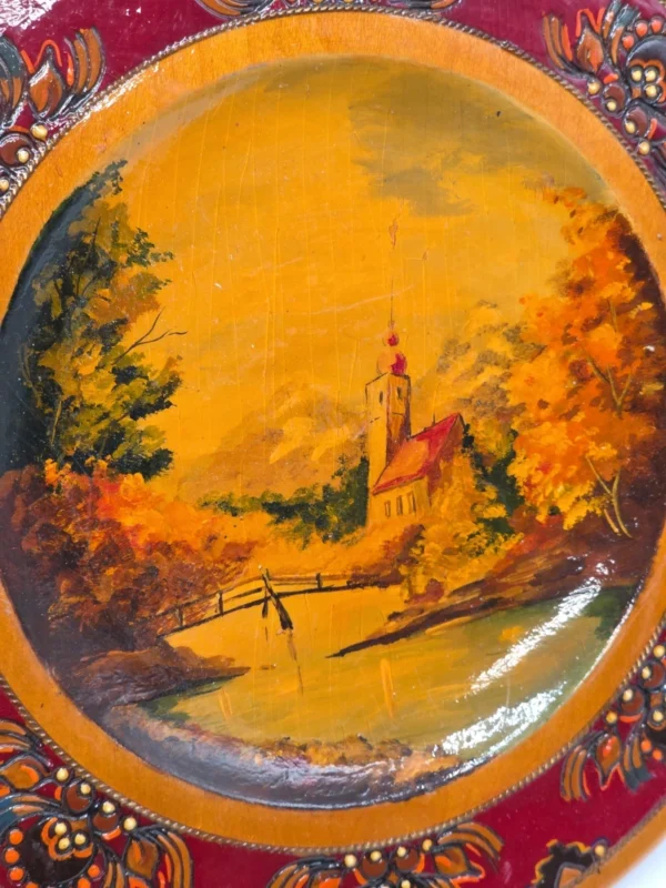 Talerz drewniany ozdobny ręcznie malowany pejzaż folk art vintage 24 cm