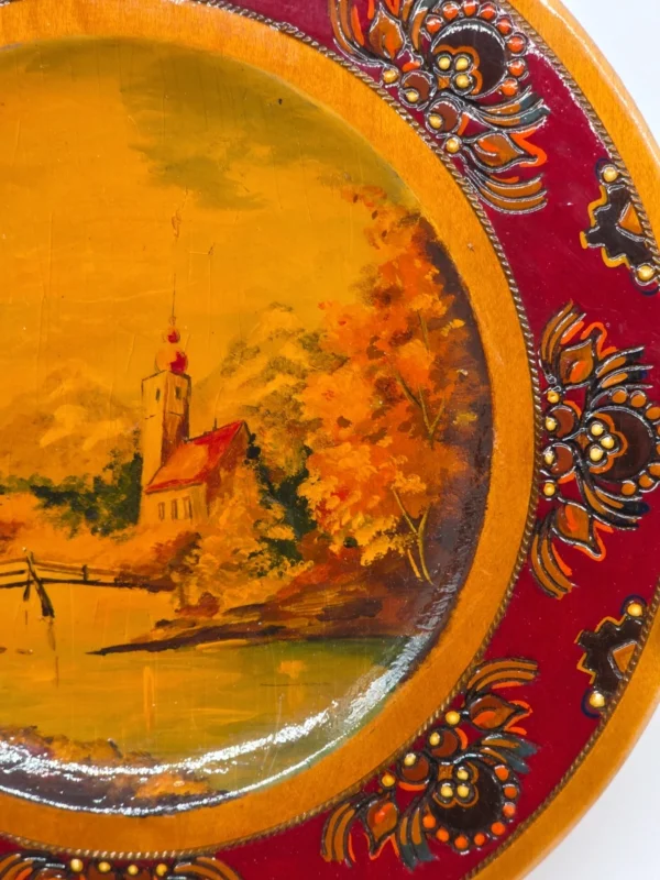 Talerz drewniany ozdobny ręcznie malowany pejzaż folk art vintage 24 cm