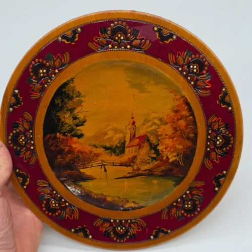 Talerz drewniany ozdobny ręcznie malowany pejzaż folk art vintage 24 cm