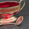 Sosjerka konfituriera rubinowa w złotej oprawie z łyżeczką 18 cm