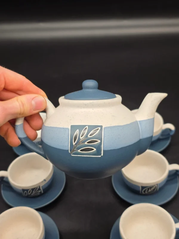 Serwis do herbaty ceramiczny niebieski zestaw 6 osób imbryk