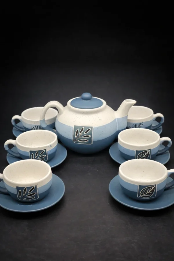 Serwis do herbaty ceramiczny niebieski zestaw 6 osób imbryk