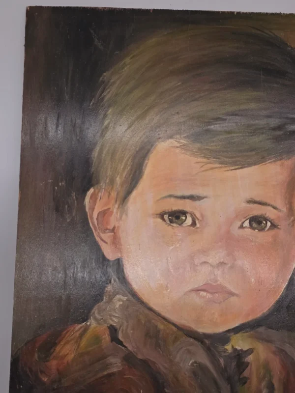 Portret płaczącego chłopca obraz na płycie drewnianej 50x70 cm
