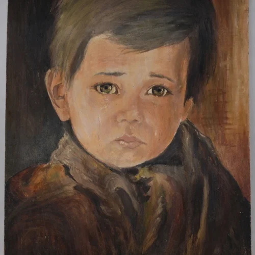 Portret płaczącego chłopca obraz na płycie drewnianej 50x70 cm