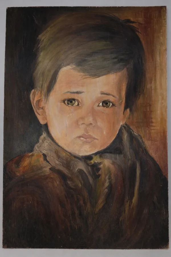 Portret płaczącego chłopca obraz na płycie drewnianej 50x70 cm