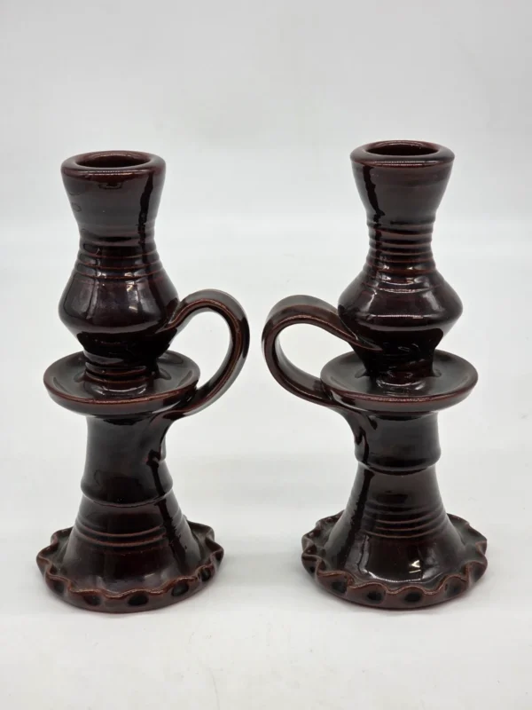 Para świeczników ceramicznych brązowe z rączką PRL 20 cm