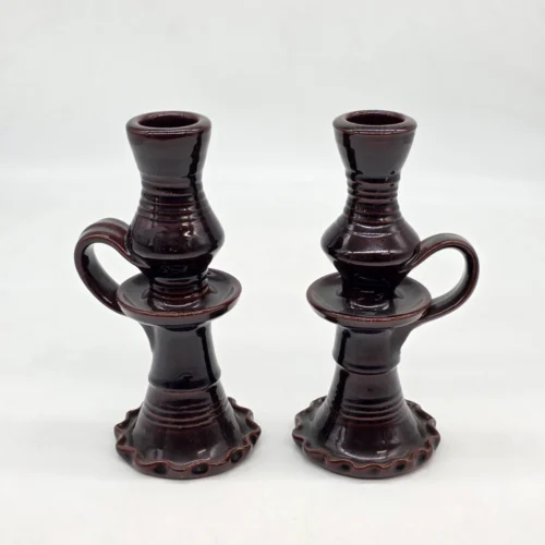 Para świeczników ceramicznych brązowe z rączką PRL 20 cm