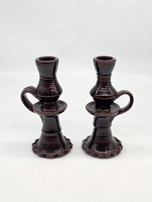 Para świeczników ceramicznych brązowe z rączką PRL 20 cm