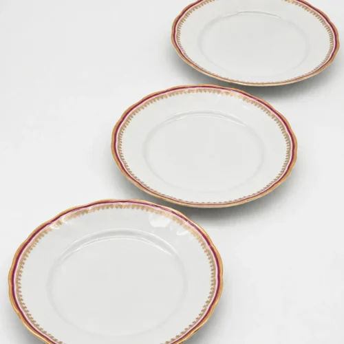 Talerze obiadowe Karolina porcelana złocenia bordowy rant 3 sztuki 36 cm