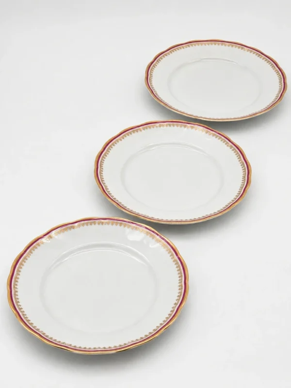 Talerze obiadowe Karolina porcelana złocenia bordowy rant 3 sztuki 36 cm