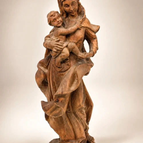 Drewniana rzeźba Madonna z Dzieciątkiem rękodzieło figura 42 cm