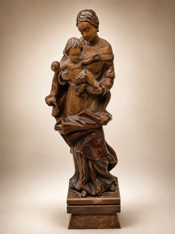 Drewniana rzeźba Madonna z Dzieciątkiem J. Lercher Tyrol 54 cm