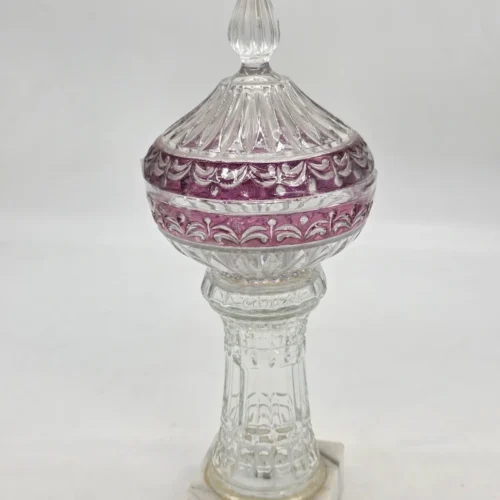 Elegancki puchar szklany z pokrywą na marmurowej podstawie 33 cm
