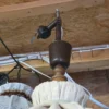 Lampa wisząca rustykalna abażur len drewno regulowana vintage