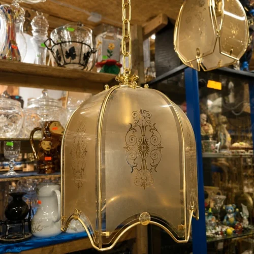 Duża lampa wisząca vintage złota dymione szkło ornamenty 30 cm