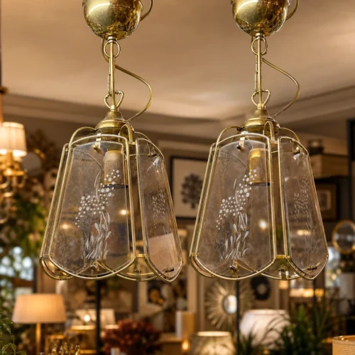 Para lamp wiszących mosiądz szkło grawerowane retro vintage 20 cm