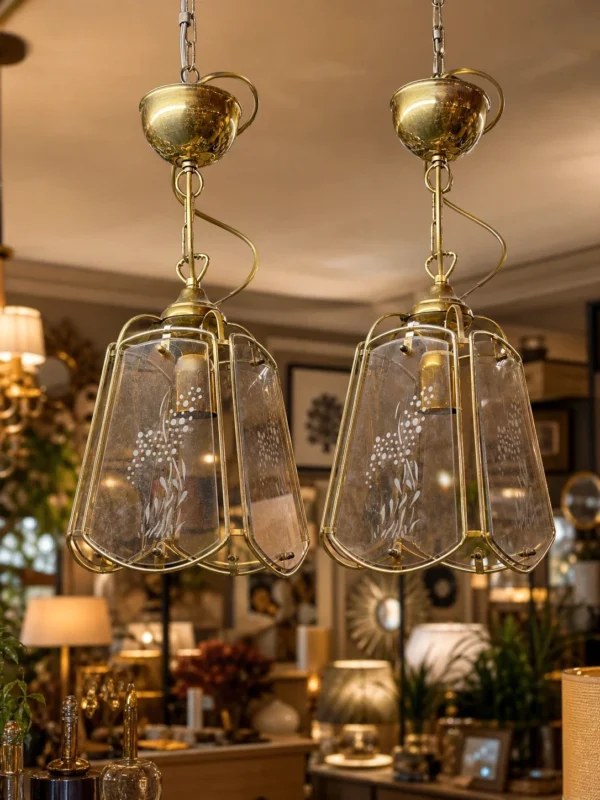 Para lamp wiszących mosiądz szkło grawerowane retro vintage 20 cm