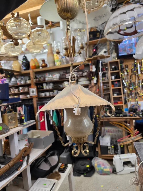 Lampa wisząca latarnia mosiężna retro rustykalna szkło mrożone 31 cm