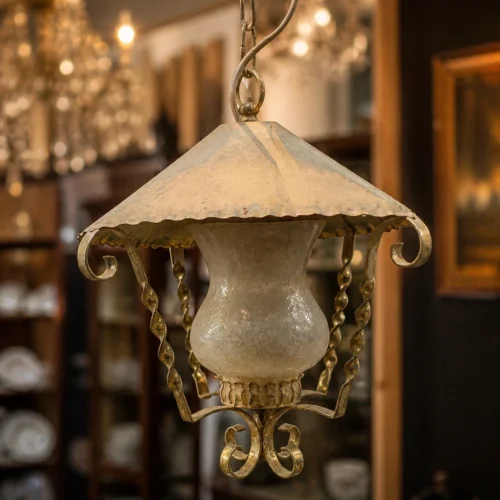 Lampa wisząca latarnia mosiężna retro rustykalna szkło mrożone 31 cm