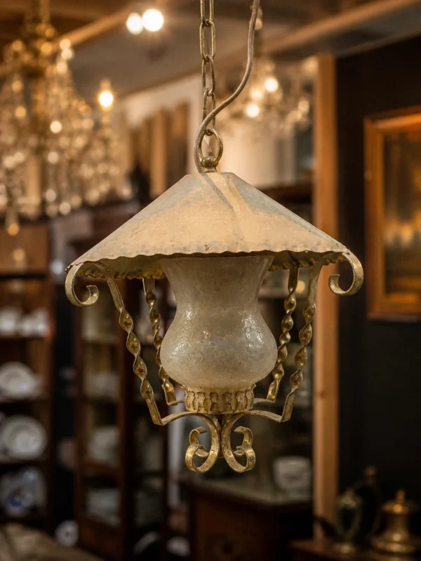 Lampa wisząca latarnia mosiężna retro rustykalna szkło mrożone 31 cm