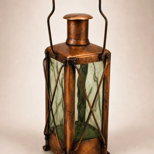 Szwedzka pozytywka lampion miedź i zielone szkło Handarbete sprawna