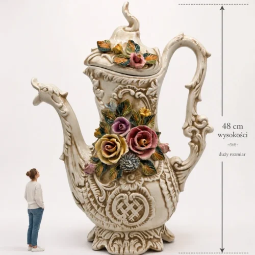 Ogromny dzban Capodimonte Włochy rzeźbiona ceramika kwiaty 48 cm