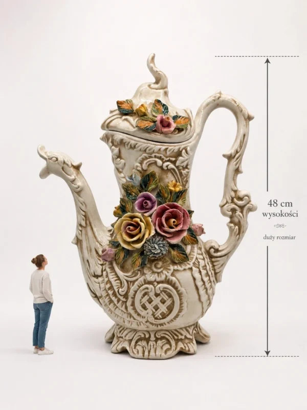 Ogromny dzban Capodimonte Włochy rzeźbiona ceramika kwiaty 48 cm