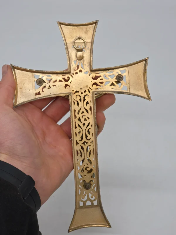 Stary krzyż ścienny pasyjka ażurowy mosiądzowany 23x15 cm
