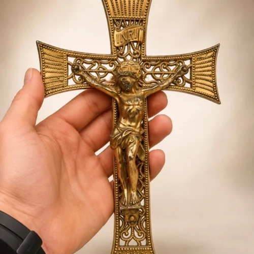 Stary krzyż ścienny pasyjka ażurowy mosiądzowany 23x15 cm