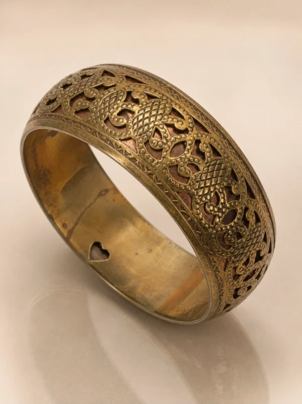 Szeroka bransoleta vintage ażurowa z sercem styl etno średnica 6.5 cm