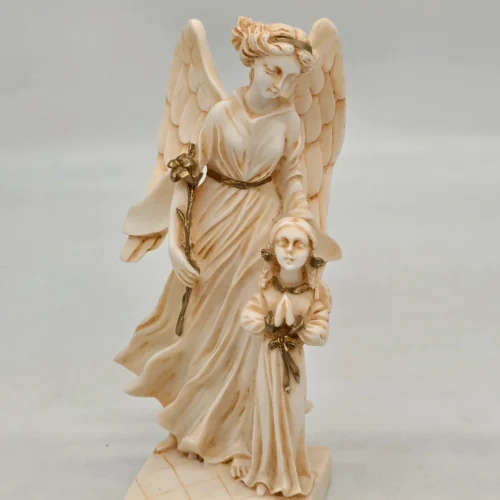 Figurka Anioł Stróż z dzieckiem alabaster patynowany Grecja 21 cm