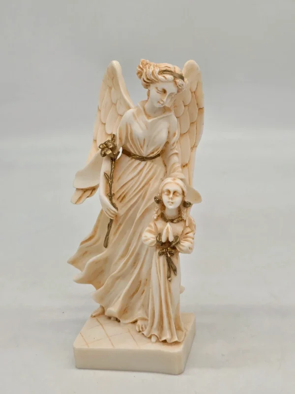 Figurka Anioł Stróż z dzieckiem alabaster patynowany Grecja 21 cm