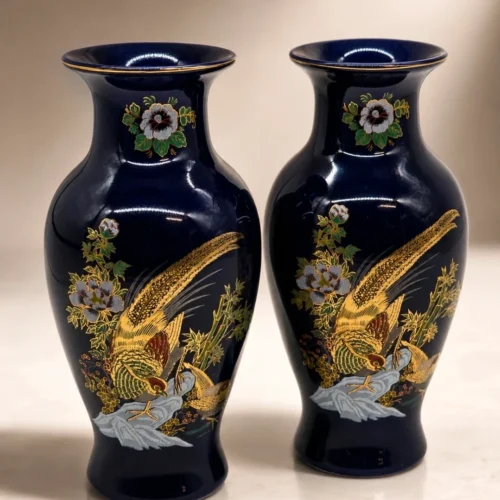 Para kobaltowych wazonów złote bażanty sygnatura China porcelana