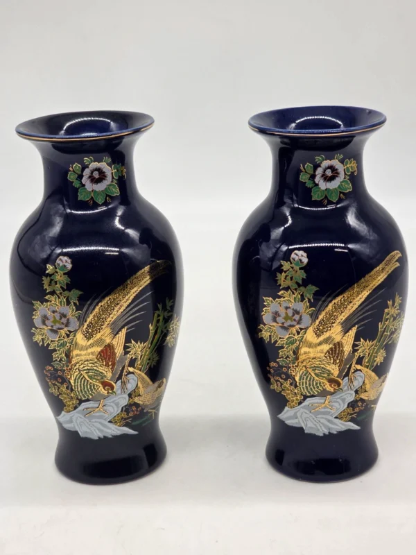 Para kobaltowych wazonów złote bażanty sygnatura China porcelana