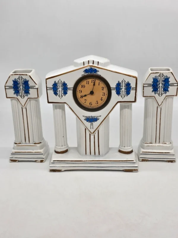 Francuski zegar kominkowy Art Deco ceramika niebieskie róże France 28 cm