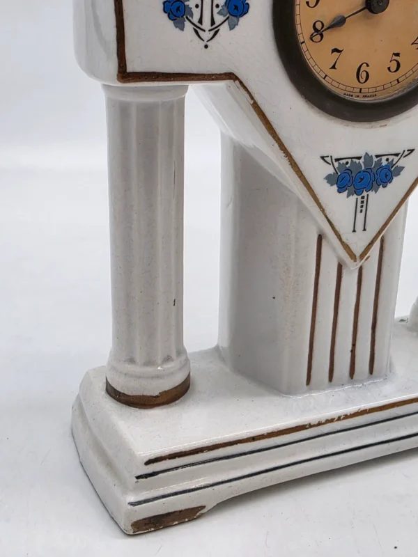 Francuski zegar kominkowy Art Deco ceramika niebieskie róże France 28 cm