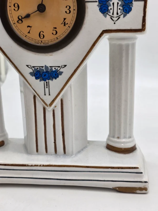 Francuski zegar kominkowy Art Deco ceramika niebieskie róże France 28 cm