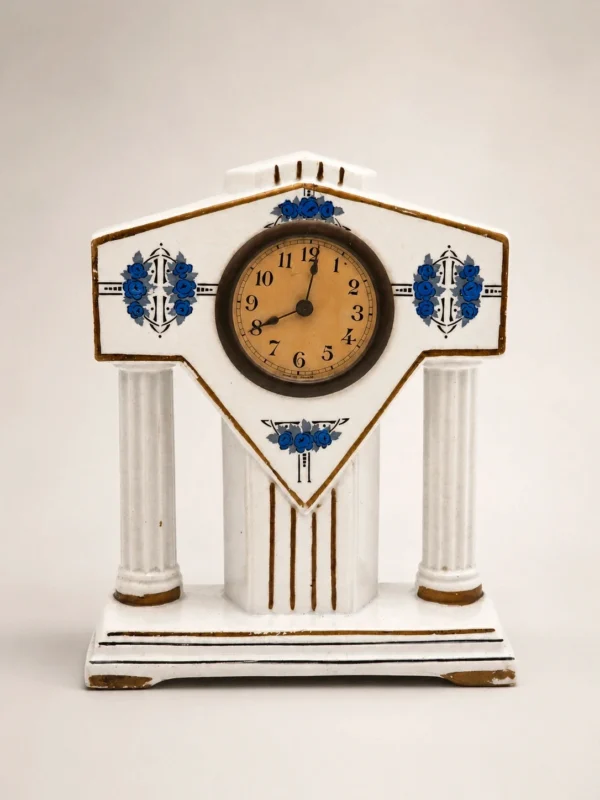 Francuski zegar kominkowy Art Deco ceramika niebieskie róże France 28 cm