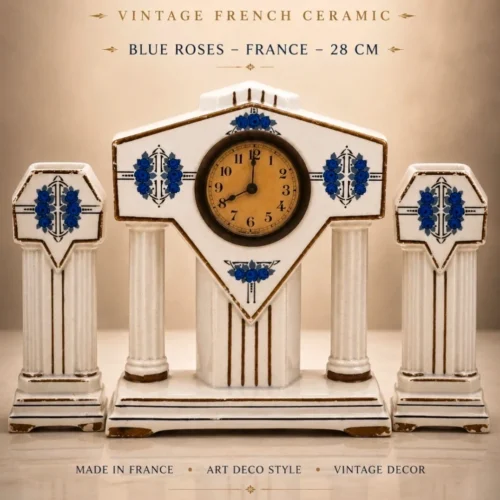 Francuski zegar kominkowy Art Deco ceramika niebieskie róże France 28 cm