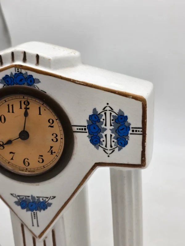 Francuski zegar kominkowy Art Deco ceramika niebieskie róże France 28 cm