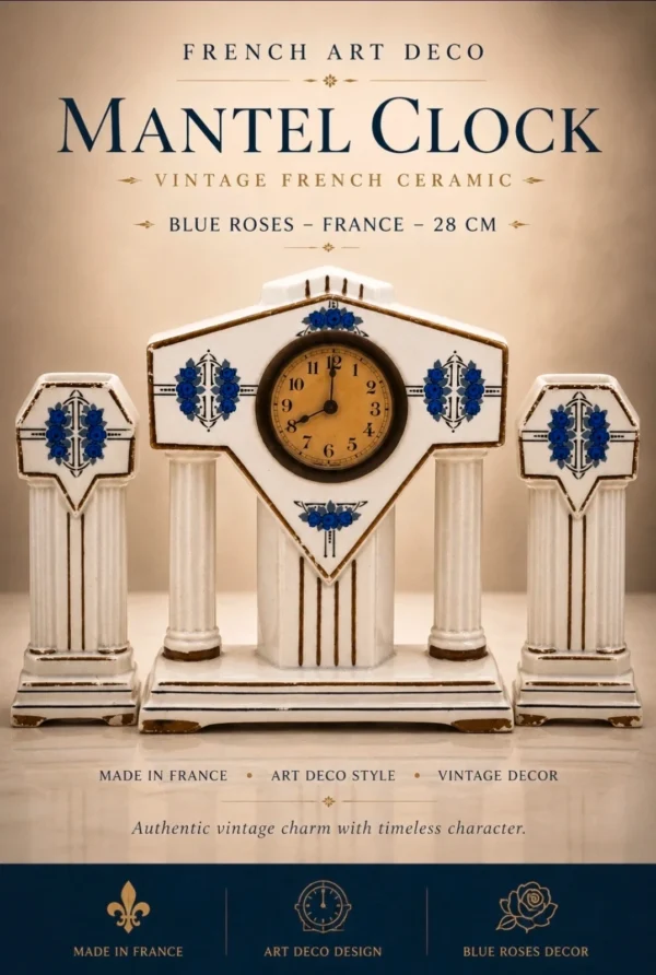 Francuski zegar kominkowy Art Deco ceramika niebieskie róże France 28 cm